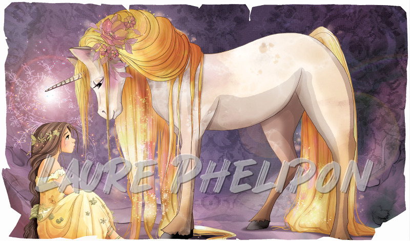 Fleur Licorne Numérique Dessin Mystique Jeune fille Fantaisie Cheveux orange Robe jaune par Laure Phelipon