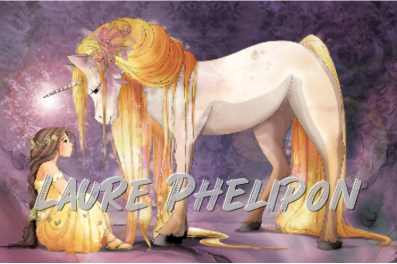 Fleur Licorne Numérique Dessin Mystique Jeune fille Fantaisie Cheveux orange Robe jaune par Laure Phelipon