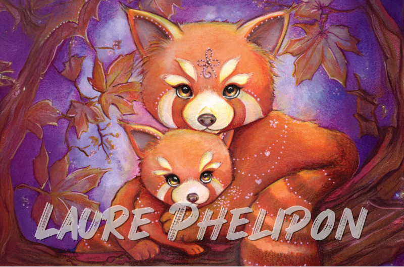 Panda Aquarelle Nature Automne Roux Pando roux Mère Petit par Laure Phelipon