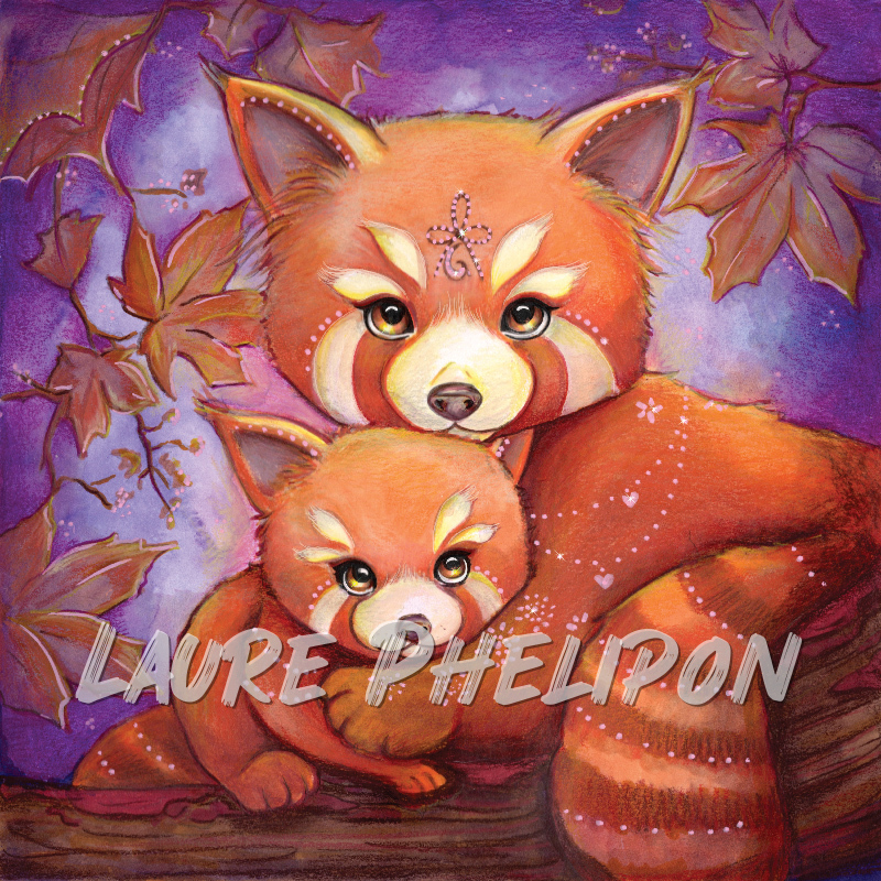 Panda Aquarelle Nature Automne Roux Pando roux Mère Petit par Laure Phelipon