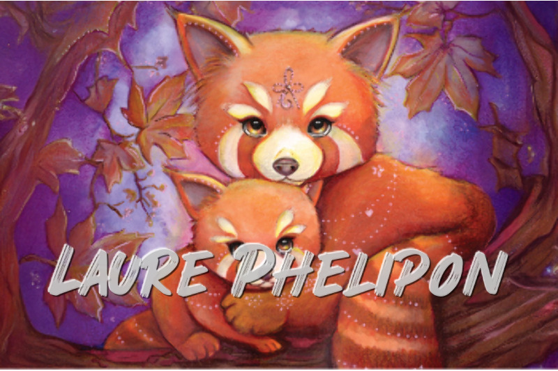Panda Aquarelle Nature Automne Roux Pando roux Mère Petit par Laure Phelipon