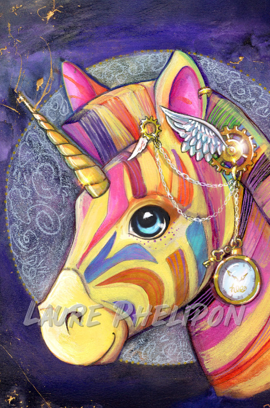 Licorne Steampunk Aquarelle Zèbre Peinture Arc-en-ciel Bijou par Laure Phelipon