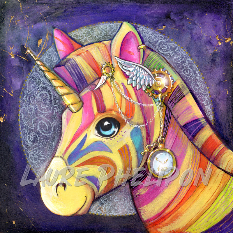Licorne Steampunk Aquarelle Zèbre Peinture Arc-en-ciel Bijou par Laure Phelipon