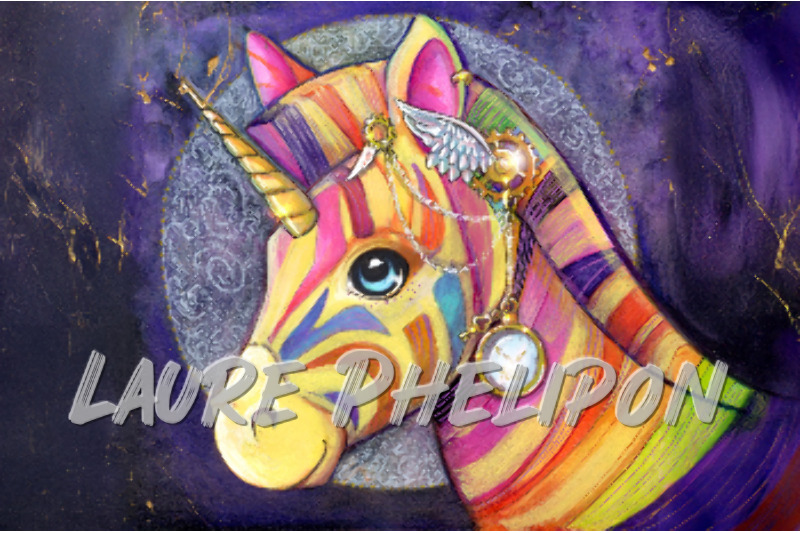 Licorne Steampunk Aquarelle Zèbre Peinture Arc-en-ciel Bijou par Laure Phelipon