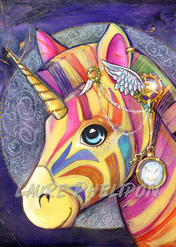 Licorne Steampunk Aquarelle Zèbre Peinture Arc-en-ciel Bijou par Laure Phelipon