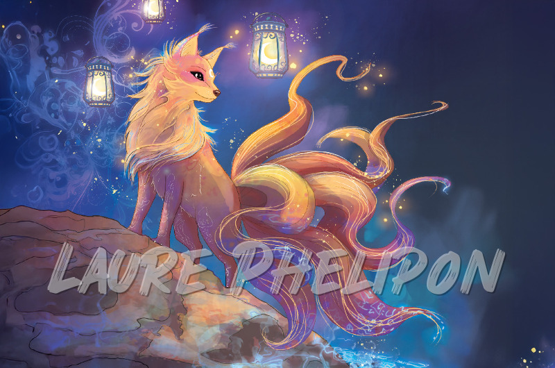 Renard Lanterne Nuit Digital Fantaisie Lumineux étoiles Queue Kitsune par Laure Phelipon