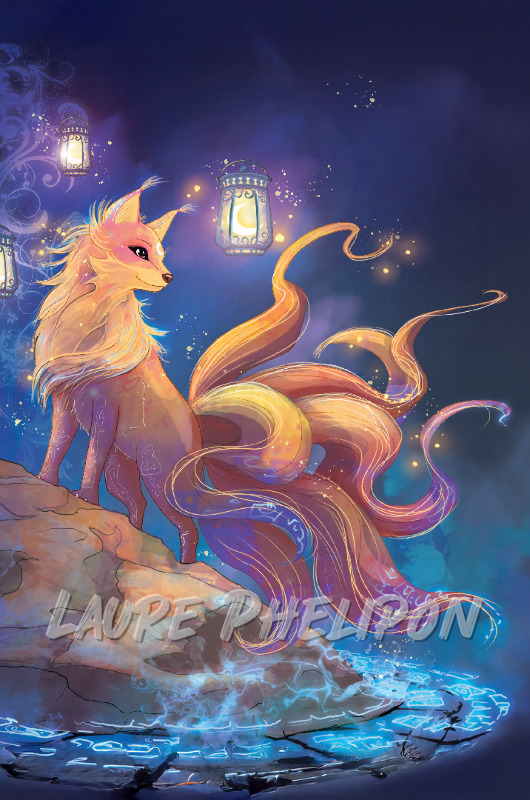 Renard Lanterne Nuit Digital Fantaisie Lumineux étoiles Queue Kitsune par Laure Phelipon