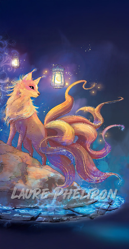 Renard Lanterne Nuit Digital Fantaisie Lumineux étoiles Queue Kitsune par Laure Phelipon