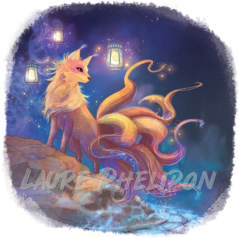 Renard Lanterne Nuit Digital Fantaisie Lumineux étoiles Queue Kitsune par Laure Phelipon