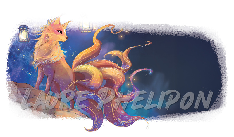 Renard Lanterne Nuit Digital Fantaisie Lumineux étoiles Queue Kitsune par Laure Phelipon