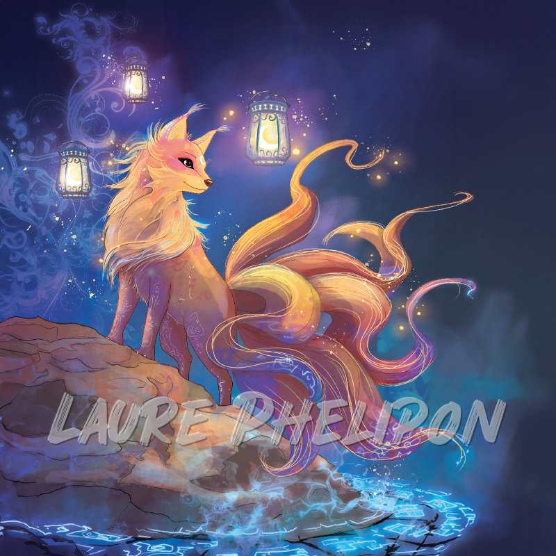 Renard Lanterne Nuit Digital Fantaisie Lumineux étoiles Queue Kitsune par Laure Phelipon