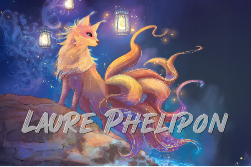 Renard Lanterne Nuit Digital Fantaisie Lumineux étoiles Queue Kitsune par Laure Phelipon