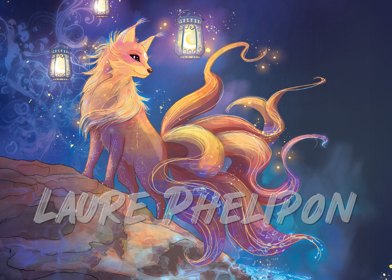 Renard Lanterne Nuit Digital Fantaisie Lumineux étoiles Queue Kitsune par Laure Phelipon