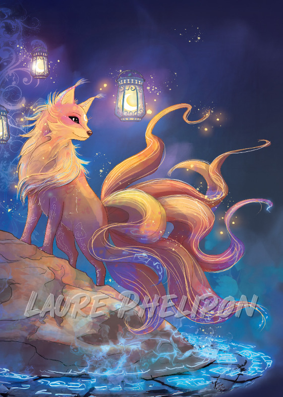 Renard Lanterne Nuit Digital Fantaisie Lumineux étoiles Queue Kitsune par Laure Phelipon