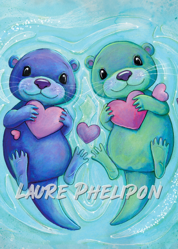Aquarelle Amour Loutre Douceur Coeur Mignon Otarie par Laure Phelipon