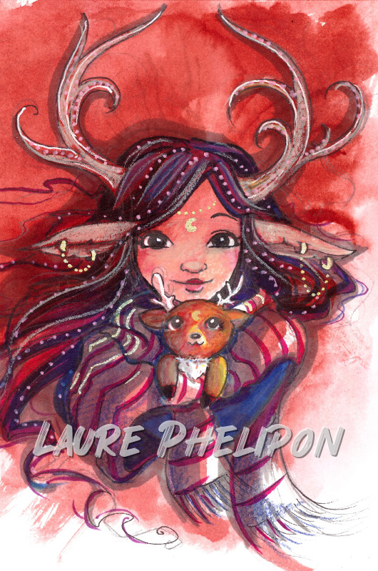 Cerf Aquarelle Femme inktober Cornes par Laure Phelipon