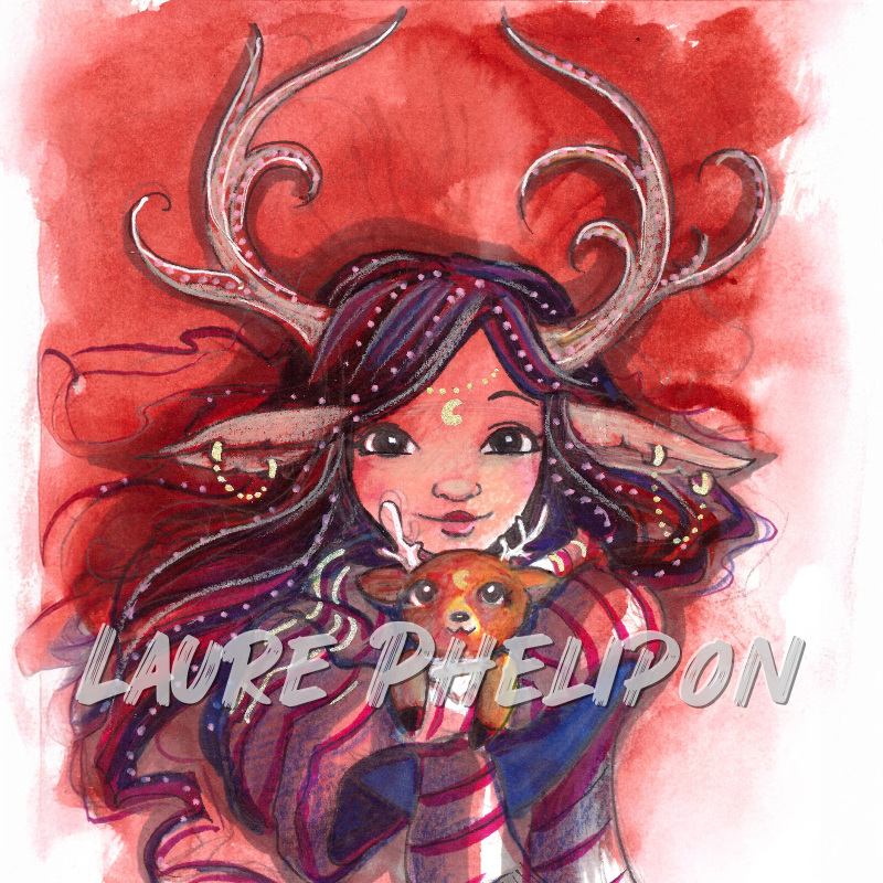 Cerf Aquarelle Femme inktober Cornes par Laure Phelipon