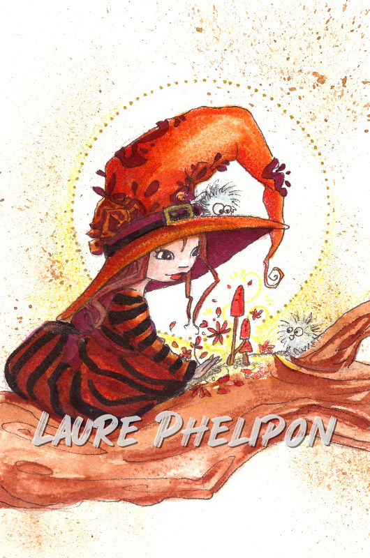 Aquarelle Chapeau Sorcière Automne inktober par Laure Phelipon