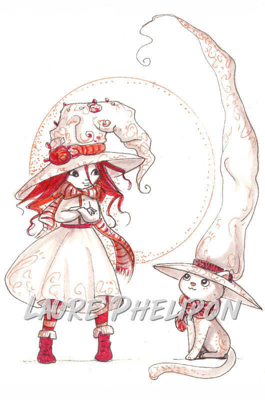 Chat Aquarelle Chapeau Sorcière inktober par Laure Phelipon