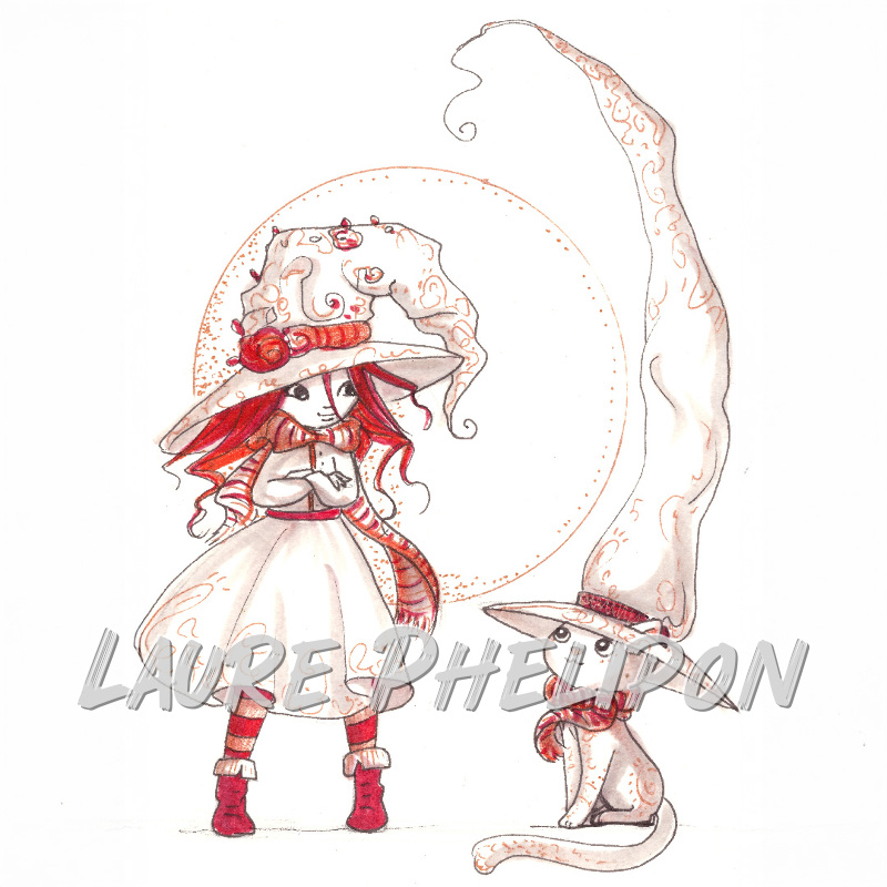 Chat Aquarelle Chapeau Sorcière inktober par Laure Phelipon