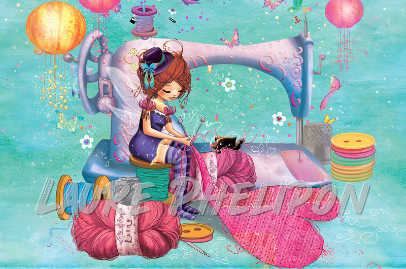 Chat Couture Papillon Fille Machine Bouton Numérique Tricot Coeur Tissu Créativité par Laure Phelipon