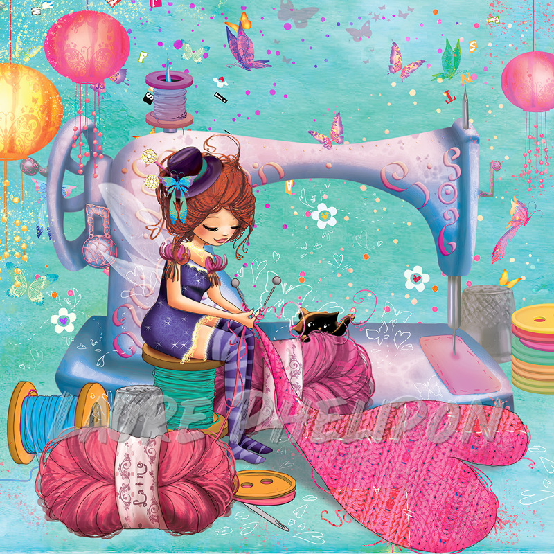 Chat Couture Papillon Fille Machine Bouton Numérique Tricot Coeur Tissu Créativité par Laure Phelipon