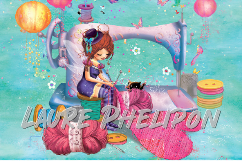 Chat Couture Papillon Fille Machine Bouton Numérique Tricot Coeur Tissu Créativité par Laure Phelipon
