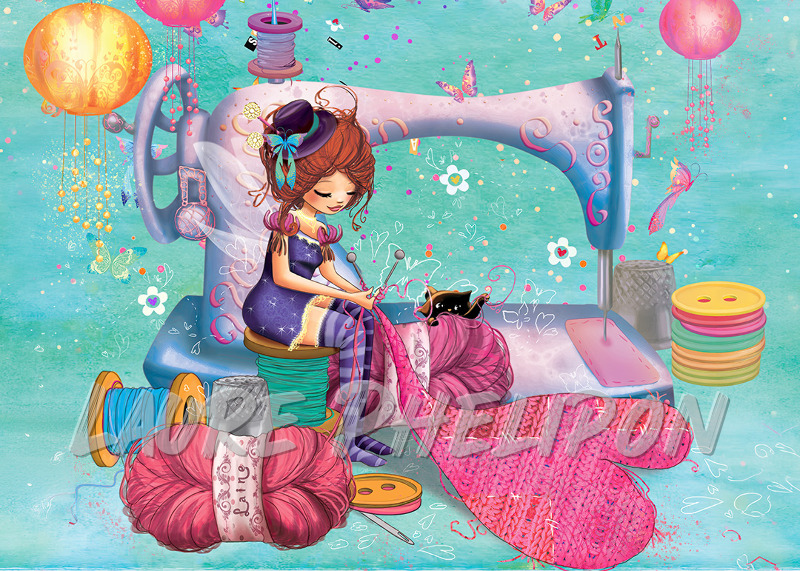 Chat Couture Papillon Fille Machine Bouton Numérique Tricot Coeur Tissu Créativité par Laure Phelipon