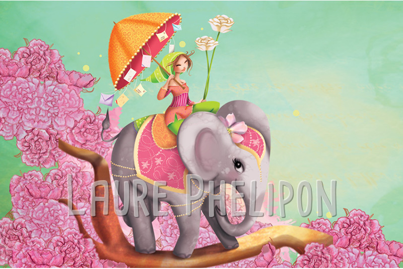 Animal Fleur Arbre Eléphant Fille Rose Numérique par Laure Phelipon