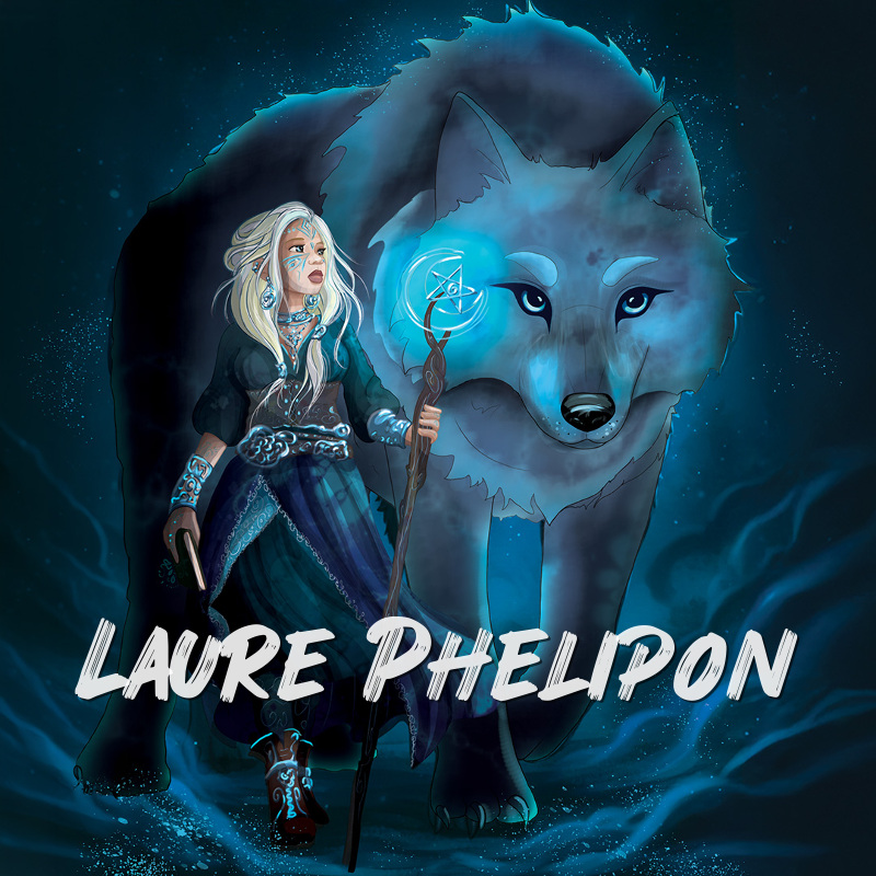 Illustration numérique de style fantastique montrant une druidesse à la chevelure blanche vêtue d'une robe bleue tenant un bâton magique avec une orbe brillante. Derrière elle se tient un grand loup bleu spirituel à la poitrine tatouée, les yeux brillants. L'ensemble est sur un fond sombre et mystique avec des volutes de fumée bleue. LAURE PHELIPON